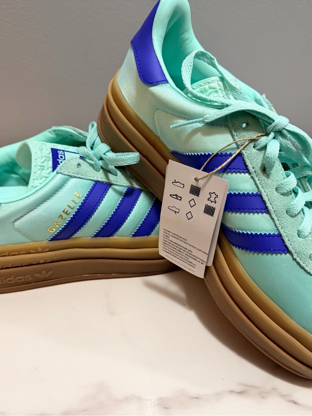 adidas Gazelle Women's Sneakers in Mint Green with Blue Stripes and Gum Sole